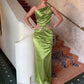 Skew Collar Elegant Hollow Shirring Satin Dress Women Fashion Classic Ruched Patchwork Sleeveless Sexy Party Long Bodycon
