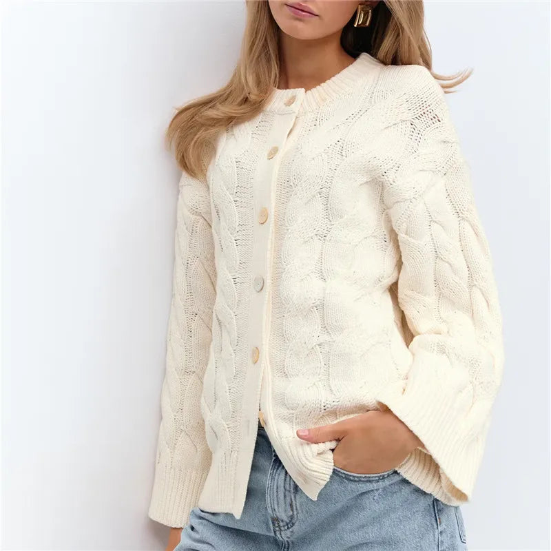 Elegant Twisted Knit Women Cardigan Solid O Neck Full Sleeve Single Breasted Lady Coat Winter Autumn Female Sweater