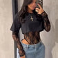 Sexy Women Crop Top+Lace Jacquard Full Sleeve Bodysuit Hottie Street Clubwear Slim Wild Matching Basic Skinny Tees