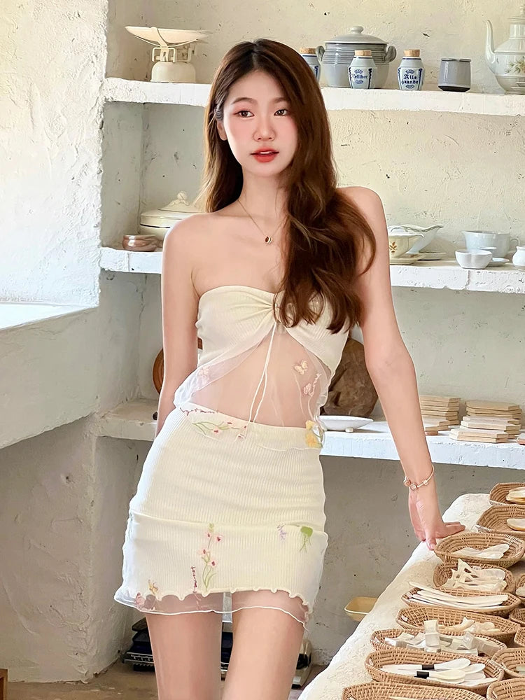 Sweet 2Piece Set Women Mesh Patchwork Splits Sleeveless Backless Tops+Folds Skirt Vacation Beach Party Matching Suit