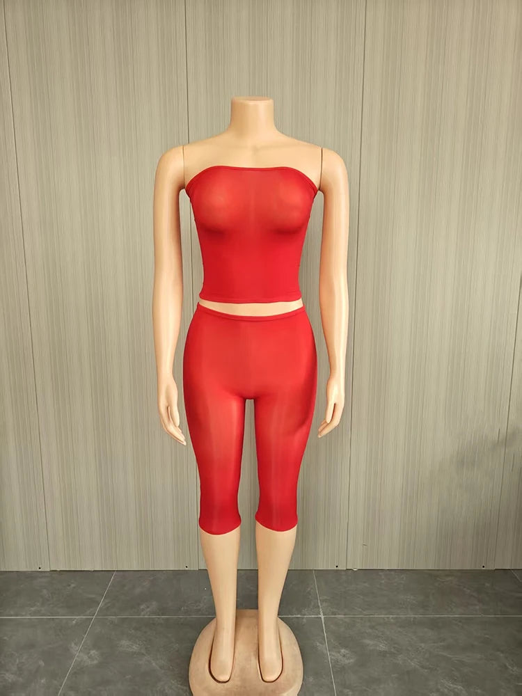 Sexy Fashion 2 Piece Set Woman Mesh See Through Wrap Chest Backless Tank Tops+Skinny Peach Hip Crop Pants Clubwear
