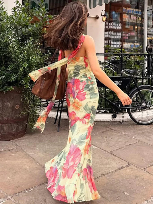 Flower Print 2 Piece Set Women Elastic Strapless Dress+Ribbon Scarf Vacation Party Elegant Fashion Stretch Vestidos