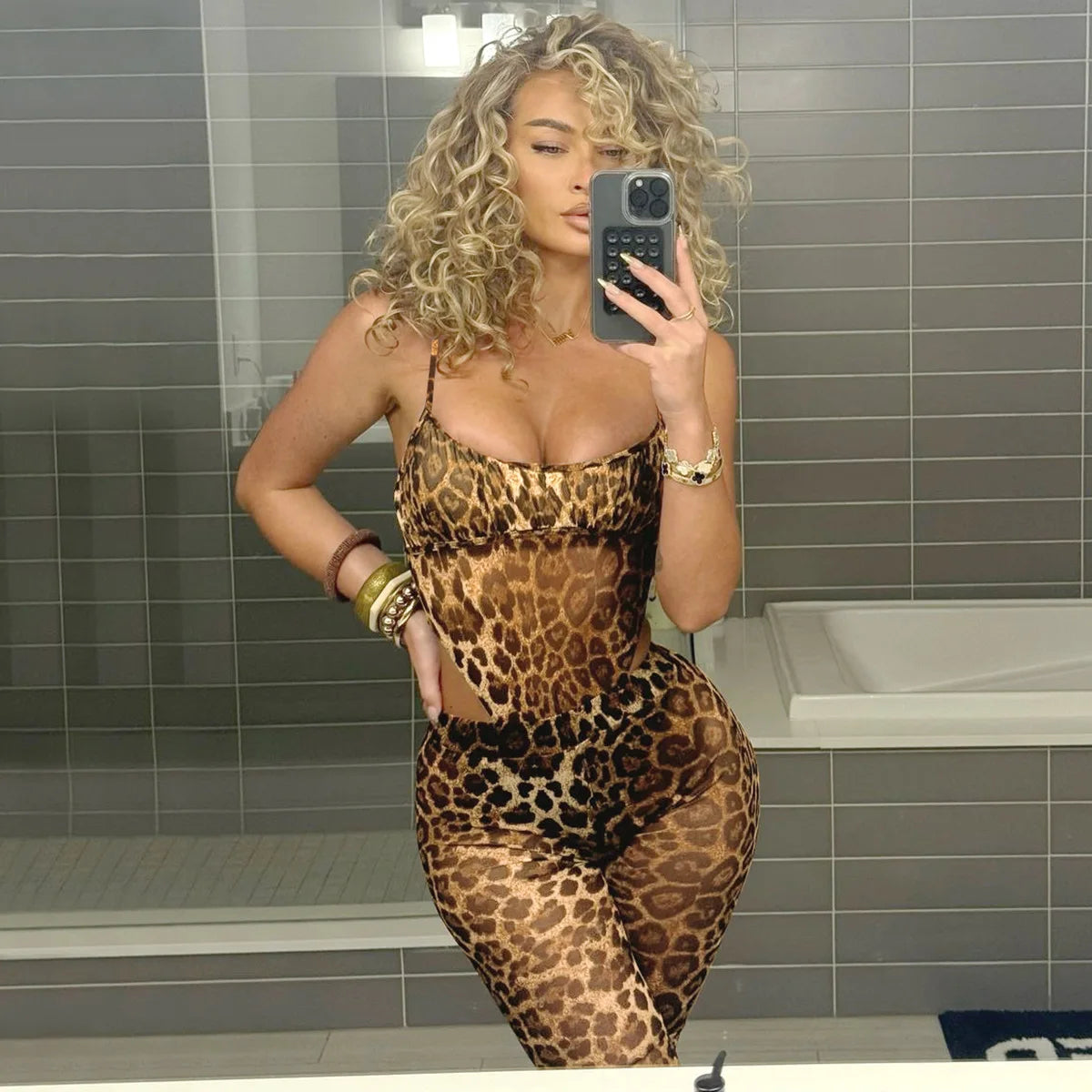 See-through Mesh Leopard Print Flare Jumpsuit 2 Piece Set Bodysuit and Pants Womens Clothes Club Outfits