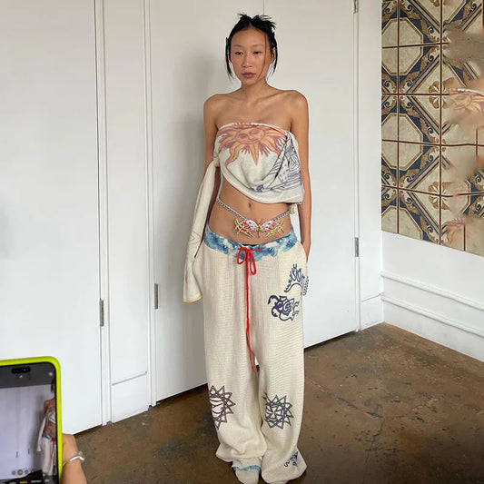 Fashion Graffiti Print Sweatpants Drawstring High Waist Wide Leg Pants Streetwear Womens Clothing P71-CE32