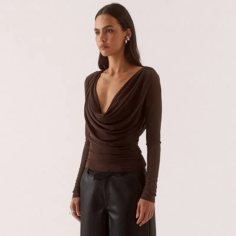 Off The Shoulder Tops with Cowl Neck Sheer Mesh Long Sleeves Shirts for Woman Fashion 2026 Fall Clothing