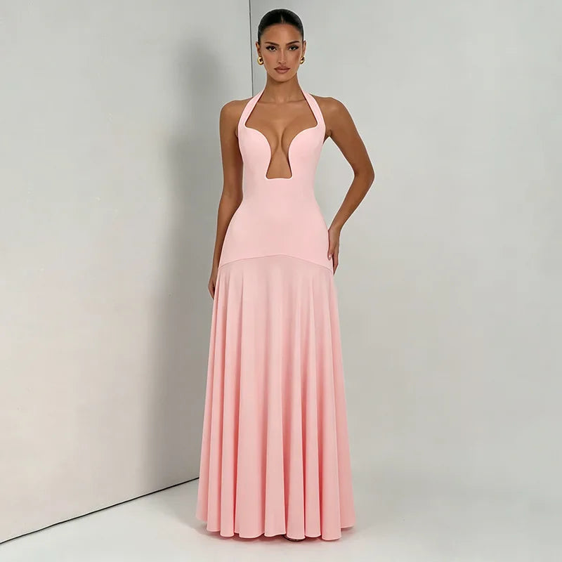 Elegant Deep Plunge Halter Backless Maxi Dresses 2026 Woman Wedding Guest Party Dress Pink
