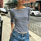 Women Boat Neck Striped T Shirt 3/4 Sleeve Slim Fit Cropped Tee French Retro Basic Top Casual Daily Spring Fall Blouse