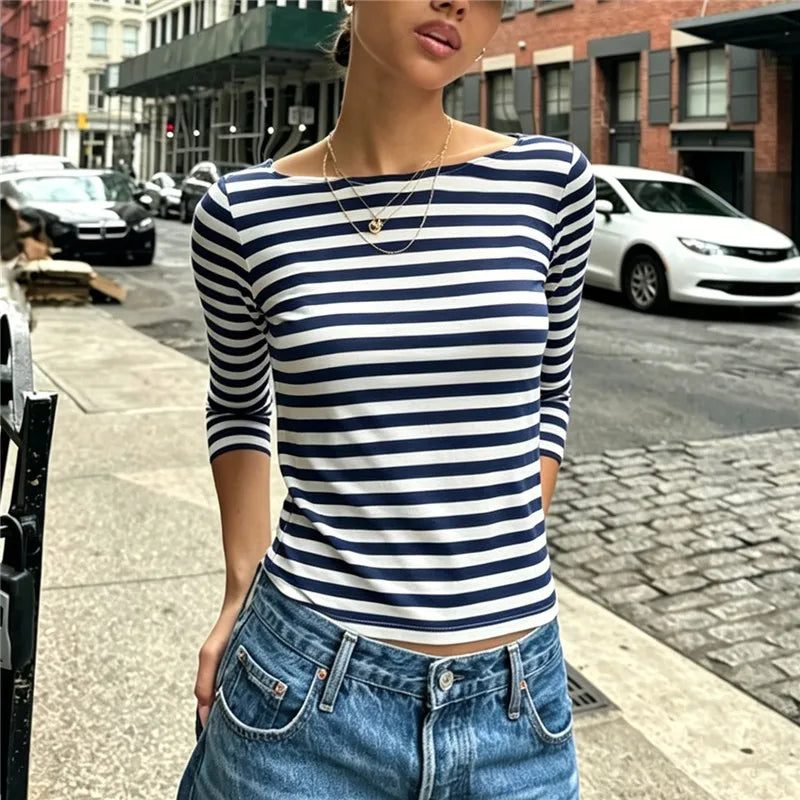 Women Boat Neck Striped T Shirt 3/4 Sleeve Slim Fit Cropped Tee French Retro Basic Top Casual Daily Spring Fall Blouse