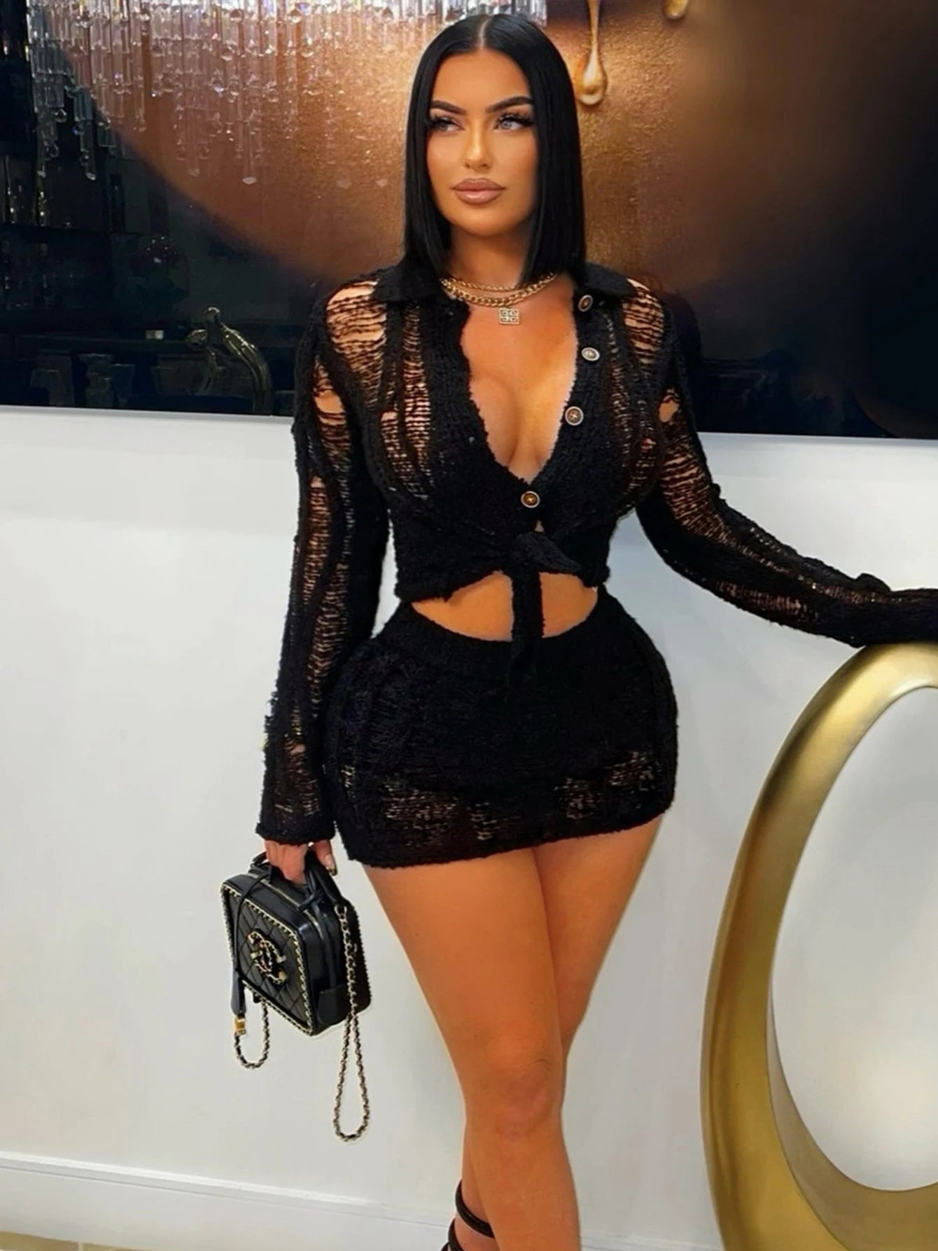 Thin Knit Women 2 Piece Set Sexy Coquette Full Sleeve Single-Breasted Blouse+Mini Skirts Clubwear Midnight Party Suit