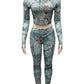 Twig Print Women Tracksuit Two Piece Set Tight Stretch Full Sleeve Crop Jacket+Leggings Matching Streetwear Outfits