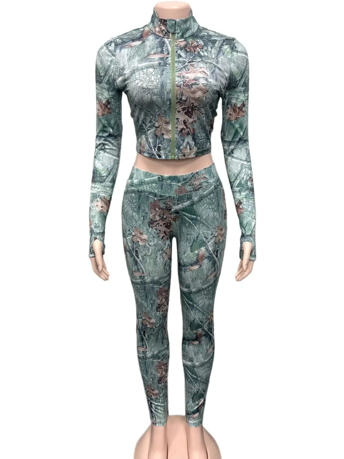 Twig Print Women Tracksuit Two Piece Set Tight Stretch Full Sleeve Crop Jacket+Leggings Matching Streetwear Outfits