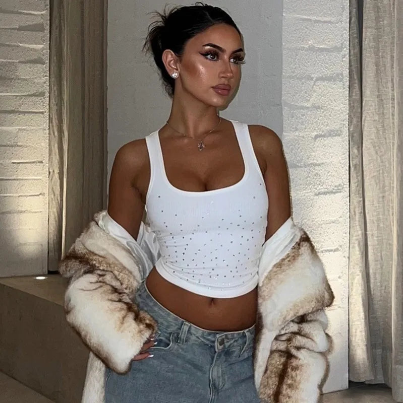 Rhinestone Crop Tops Black White Ribbed Square Neck Bodycon Tank Top Sexy Woman Clothing Summer 2025