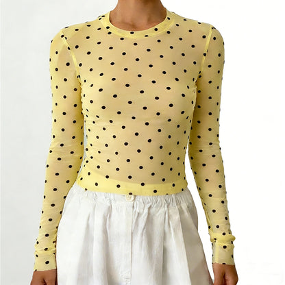 Women's Polka Dot Mesh Long Sleeve Top Sheer Slim Fit Crew Neck T-Shirt Y2K See-Through Casual Streetwear Blouse