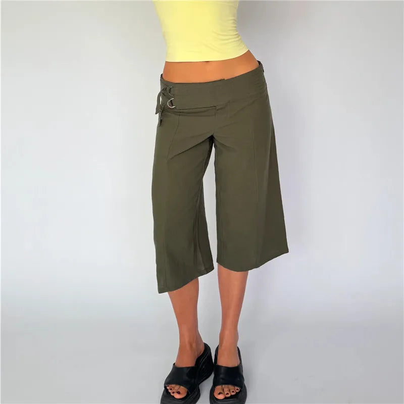 Women Y2K Low Waist Lace‑Up Linen Blend Culottes Solid Cropped Wide Leg Capri Pants With Pockets Casual Bottoms