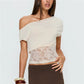 Women's Summer Tops Stylish Solid Color Floral Lace Patchwork Off One Shoulder Slim Fit Blouse for Casual Daily Wear