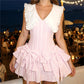 Eyelet Lace Peter Pan Collar Striped Mini Dress Women Sleeveless Bow Tiered Ruffle Cake Dress Holiday Party Short Dress