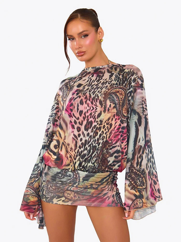 Sexy Backless Dress Women Trend Wild Colorful Print Bandages Bell Sleeves Fashion Chic Street Club Peach Hip Bodycon