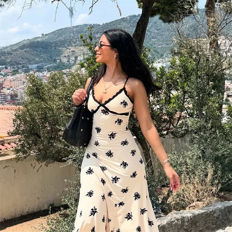 Floral Print Summer Dress French Style Elegant Deep V Neck Sleeveless Backless Long Dresses for Woman 2026