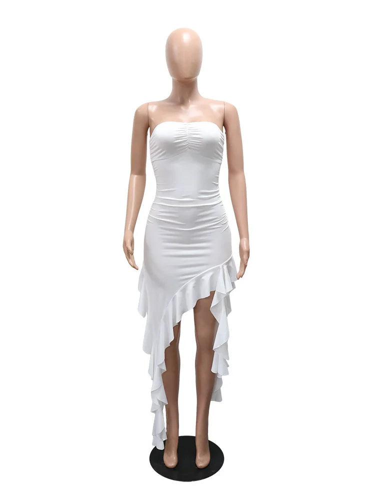 Sexy Ruffles Dress Women Summer Starpless Irregular Patchwork Iregular Tassel Hem Holidays Stretch Peach Hip Bodycon