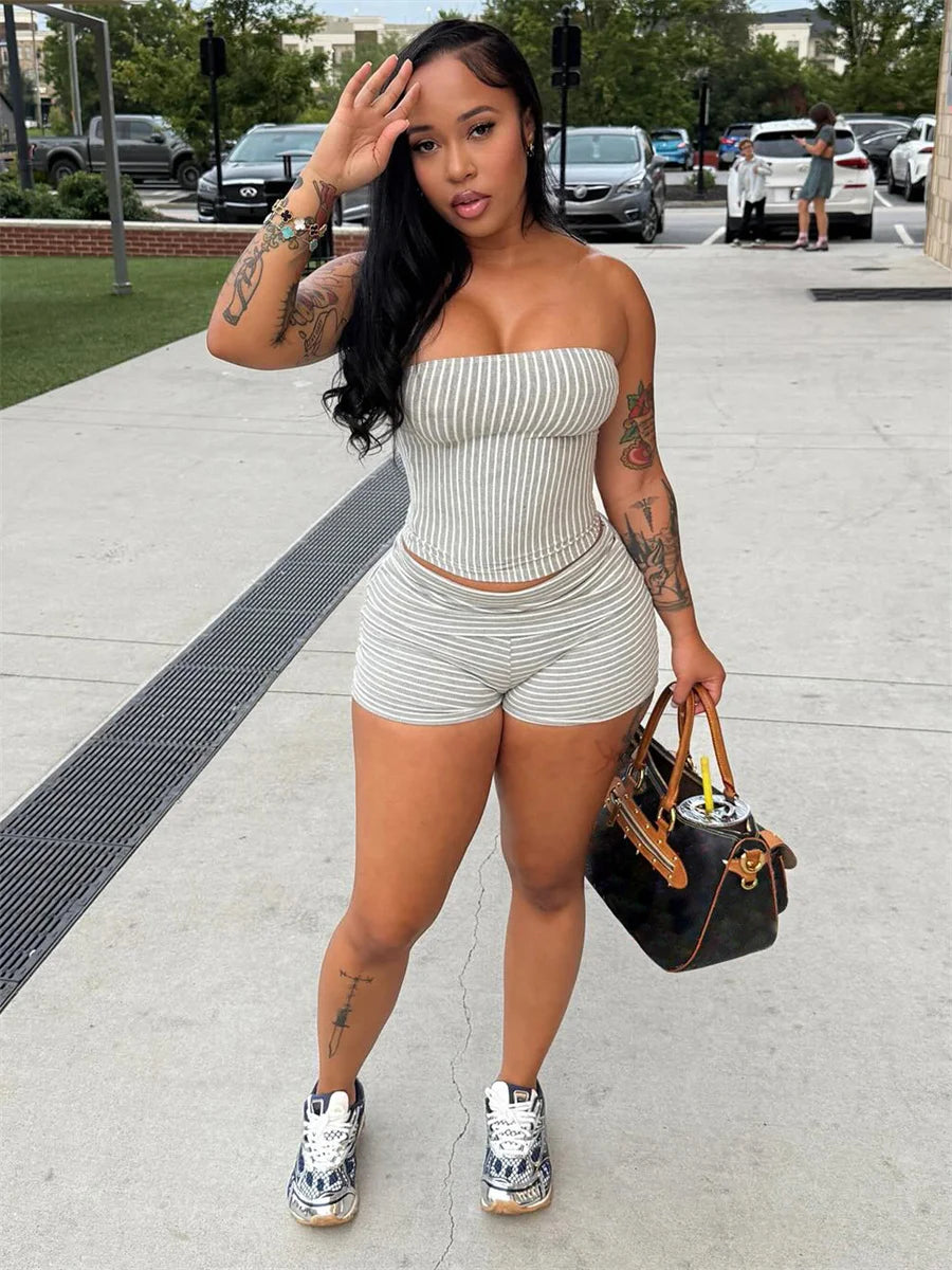 Striped Print 2 Piece Set Women Fashion Classic Sleeveless Tank Top+Patchwork Bike Short Stretch Trend Streetwear