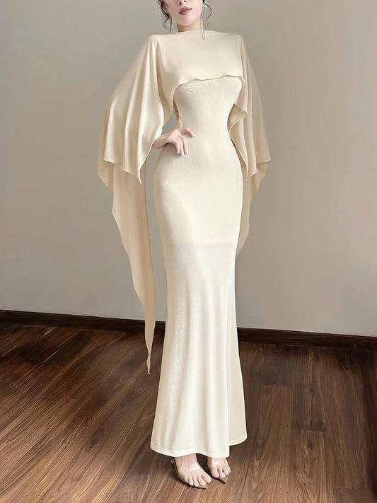 Elegant Basic 2 Piece Set Women Autumn Backless Bandages Skinny Sleeveless Dress+Shawl Birthday Party Fashion Suit