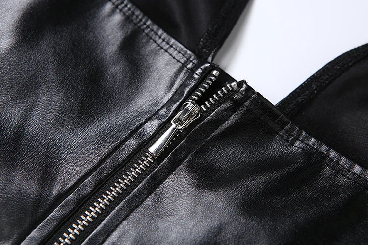 Fashion Rivet Decoration PU 2 Piece Set Woman Halter Open Collar Zipper Backless Tank Tops+Skinny Shorts Street Suits