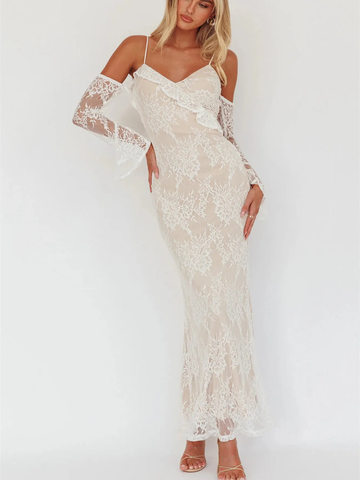 Floral Lace Slim Elegant Dresses For Women V Neck Off The Shoulder Long Sleeve High Waist Bodycon Dress Party Clubwear