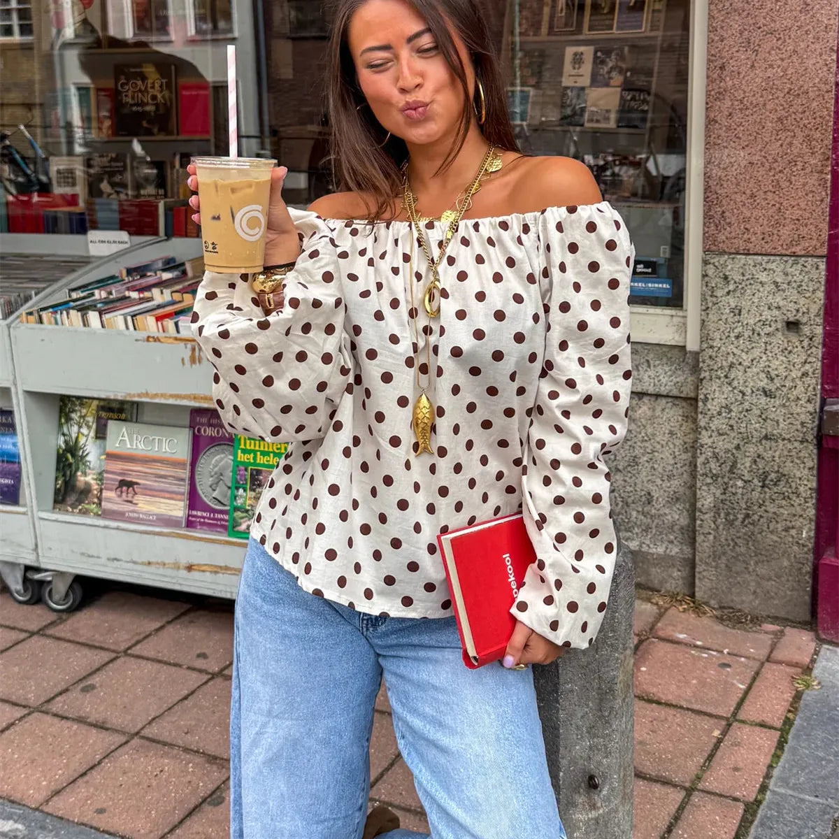 Off Shoulder Tops Elegant Women Long Sleeve Brown Polka Dot Y2K Retro Fashion Blouse Shirts Party Spring Fall Streetwear