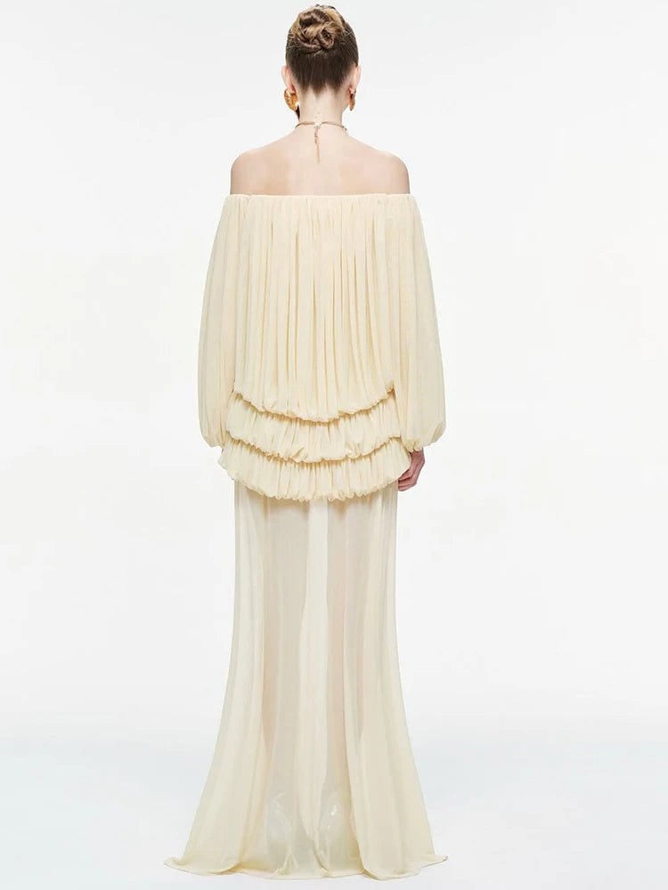 Draped Maxi Dress Women See Through Hem Off-Shoulder Long Lantern Sleeve Elegant Vacation Wedding Party Vestidos