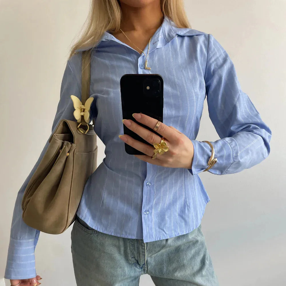 Women Slim Fit Button Down Striped Shirt Long Sleeve Fitted Button Up Shirt Vintage Y2K Pinstripe Collared Blouse
