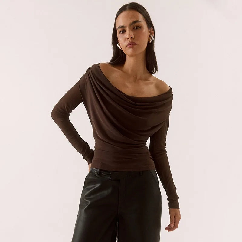 Off The Shoulder Tops with Cowl Neck Sheer Mesh Long Sleeves Shirts for Woman Fashion 2026 Fall Clothing