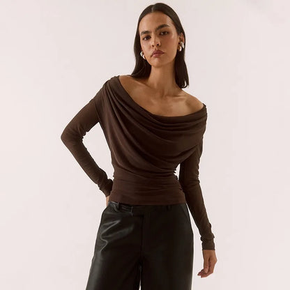 Off The Shoulder Tops with Cowl Neck Sheer Mesh Long Sleeves Shirts for Woman Fashion 2026 Fall Clothing