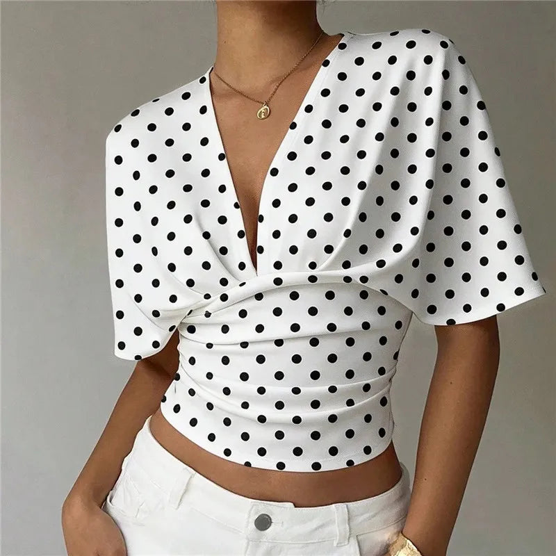 Women Y2K Polka Dot Print Deep V Neck Crop Top Batwing Short Sleeve Ruched Waist Slim Fit Casual Summer Streetwear
