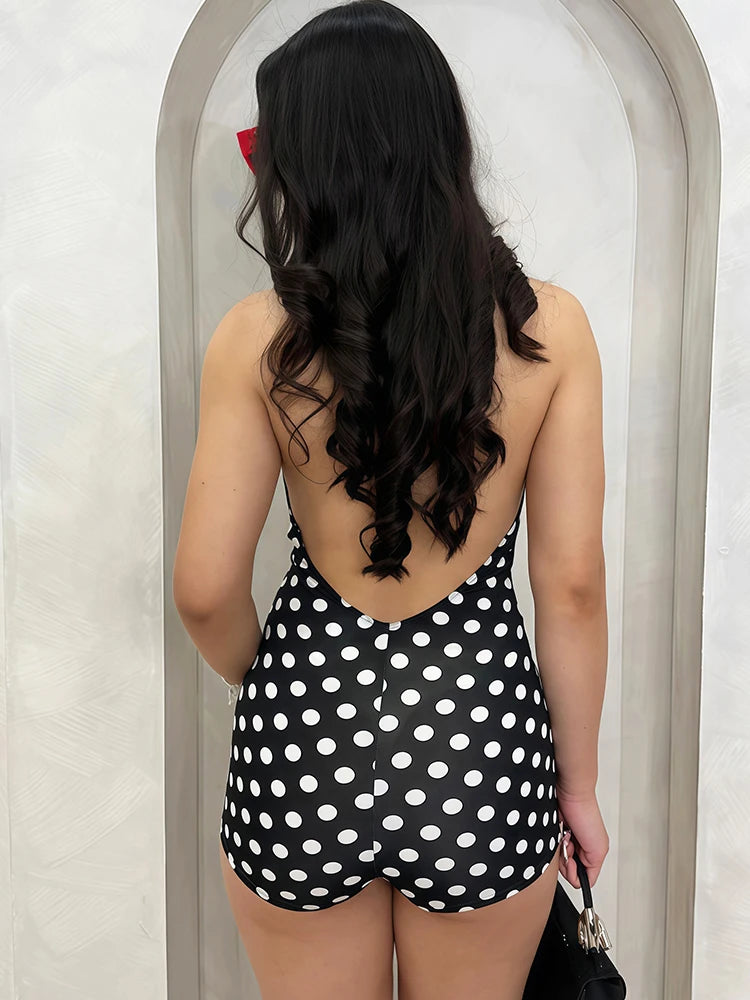Wild Trend Romper Women Fashion Swing Collar Sexy Hottie Backless Polka Dot Print Halter Midnight Party Street Clubwear