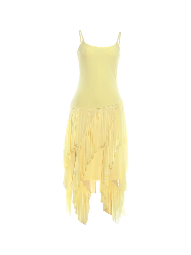 High Street Dress Woman Ruched Elegant Sling Summer Trend Low-Neck Backless Irregular Ruffles Hem Fashion Long Bodycon