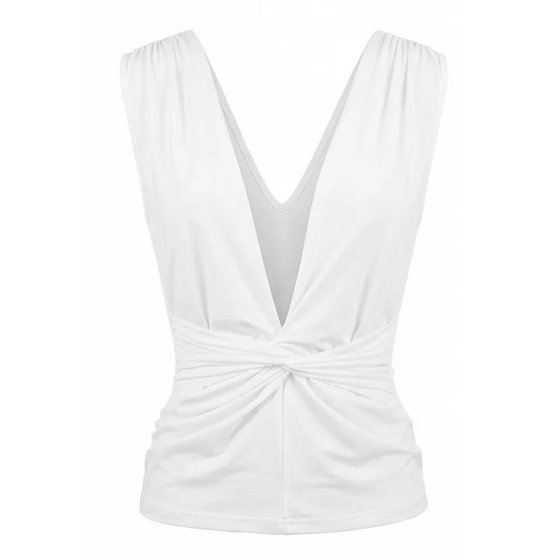 Twisted Deep V Neck Sleeveless Backless Tops Fashion 2026 Summer Clothes for Women T Shirts White Black