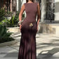 Metal Flower Backless Ruched Sexy Maxi Dress Women Gown Fashion Sleeveless Backless Bodycon Club Party Dress Elegant