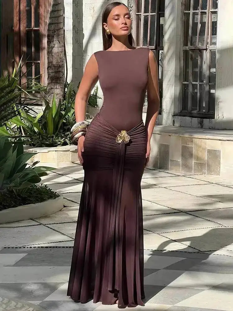 Metal Flower Backless Ruched Sexy Maxi Dress Women Gown Fashion Sleeveless Backless Bodycon Club Party Dress Elegant