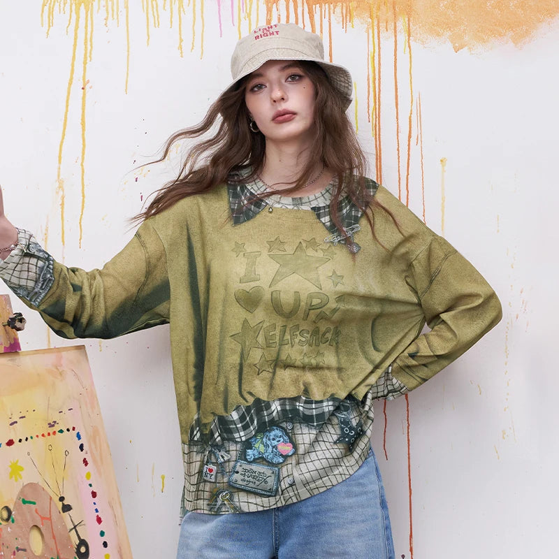 Plaid Patchwork Fake Two-Piece Sweatshirt with Star Print for Women