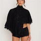 Women's Vintage Floral Lace High Neck Blouse Capelet Batwing Sleeve Open Back Bow Tie Backless Flowy Sheer Cropped Top