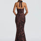 Leopard Print Backless Sexy Maxi Dress Women Gown Elegant Halter Deep V Neck Sleeveless Bodycon Draped Club Long Dress