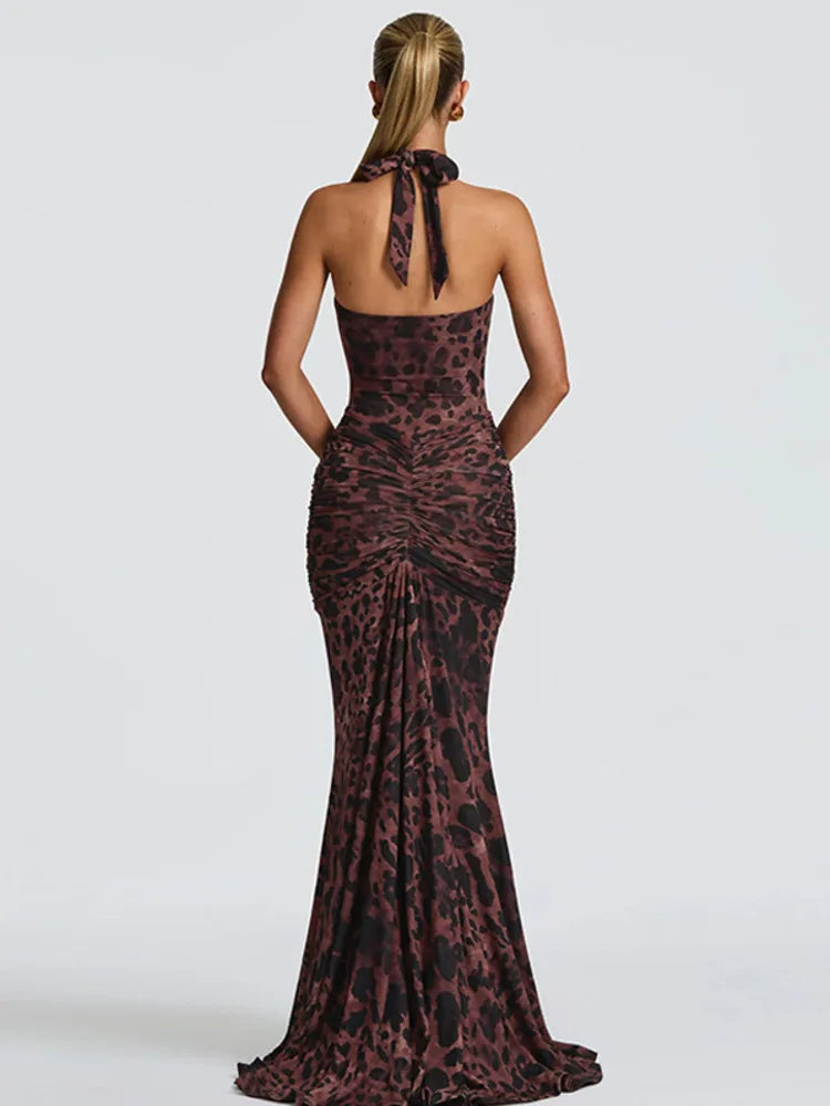 Leopard Print Backless Sexy Maxi Dress Women Gown Elegant Halter Deep V Neck Sleeveless Bodycon Draped Club Long Dress