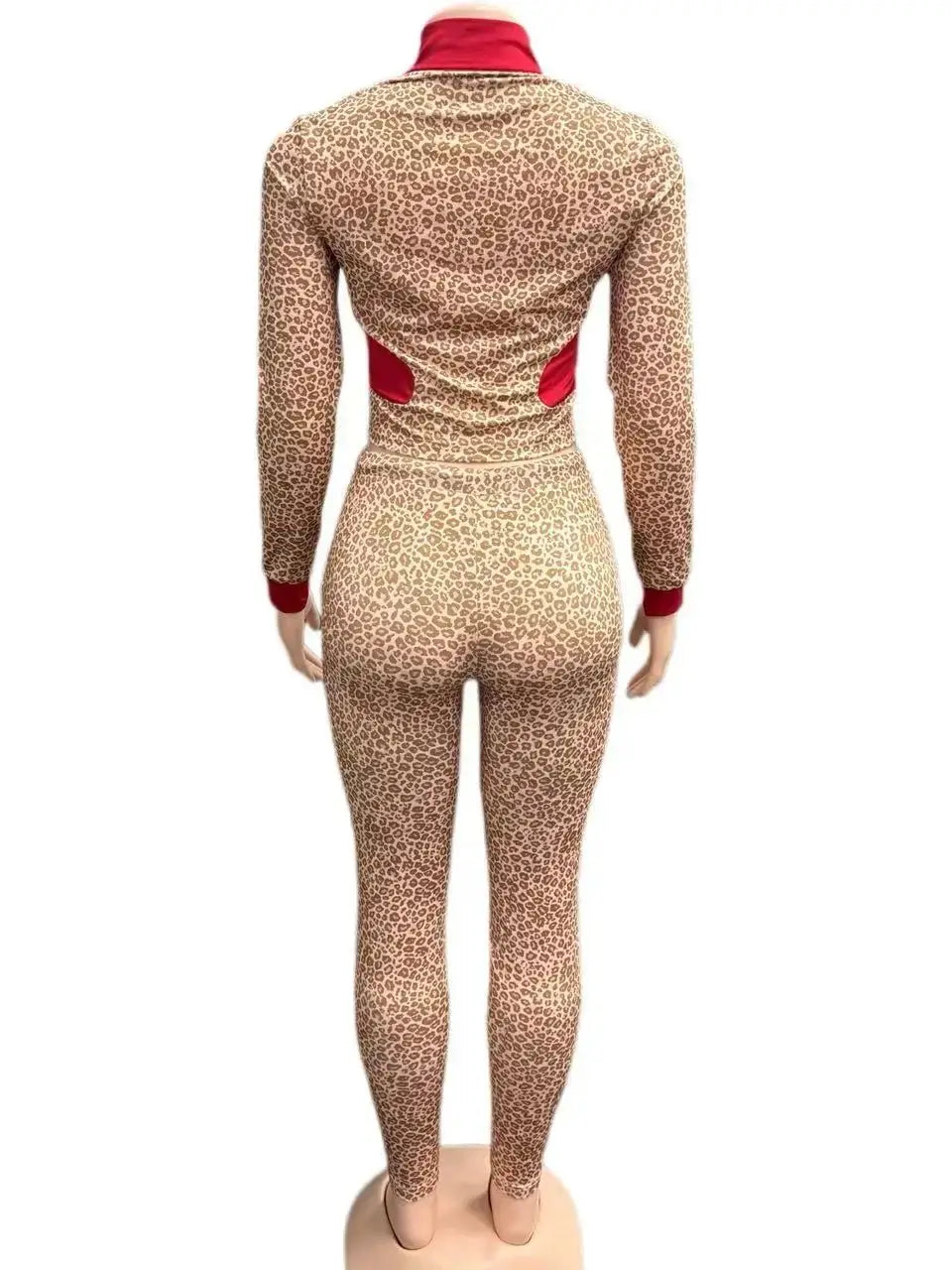 Patchwork 2 Piece Set Women Tracksuit Leopard Print  Crop Jacket+Leggings Matching Casual Activity Stretch Streetwear