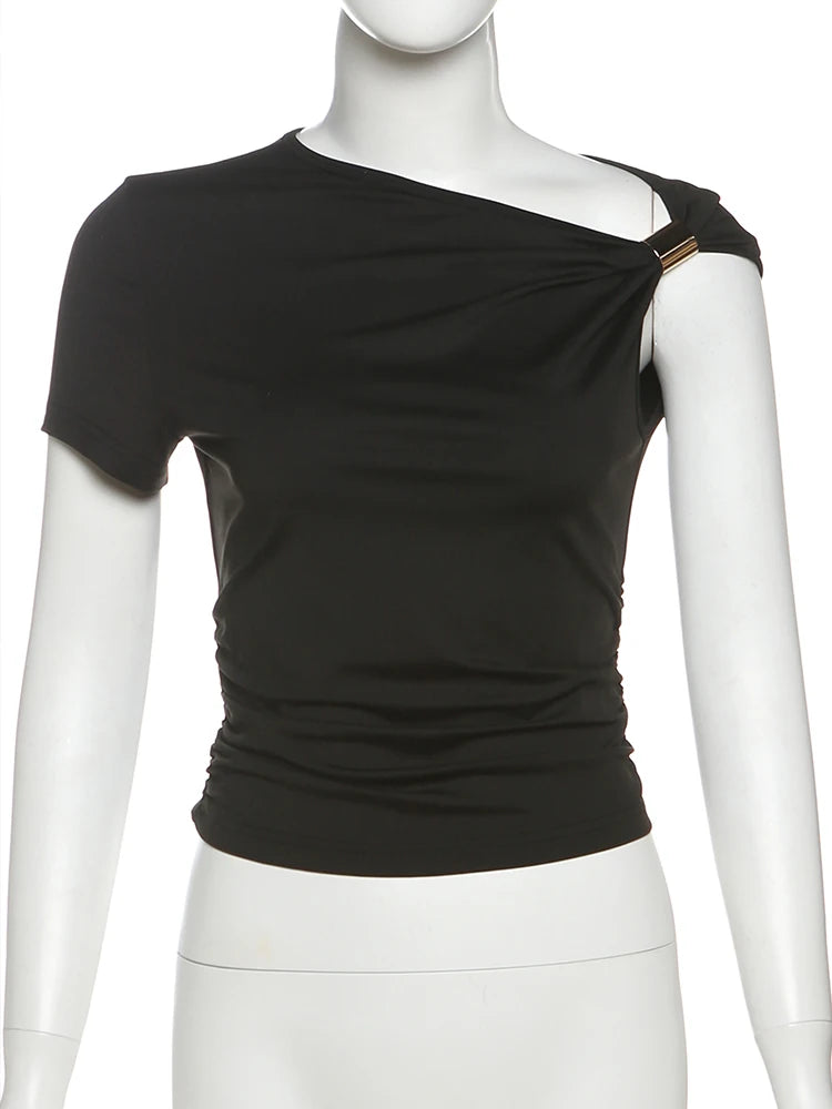 Irregular Off Shoulder T-Shirts Women Ruched Fashion Skew Collar Single Sleeve Daily Casual Solid Simple Streetwear