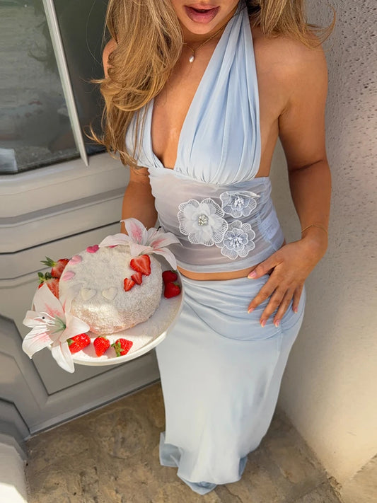 Ruched Elegant 2 Piece Set Woman Mesh Patchwork 3d Flower Decoration Halter Tank Tops+A-Line Long Skirts Fashion Suit