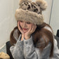 Women's Leopard Print Bear Ears Plush Hat Thick Warm Winter Cap Fashionable Earflap Bucket Hat for Ladies