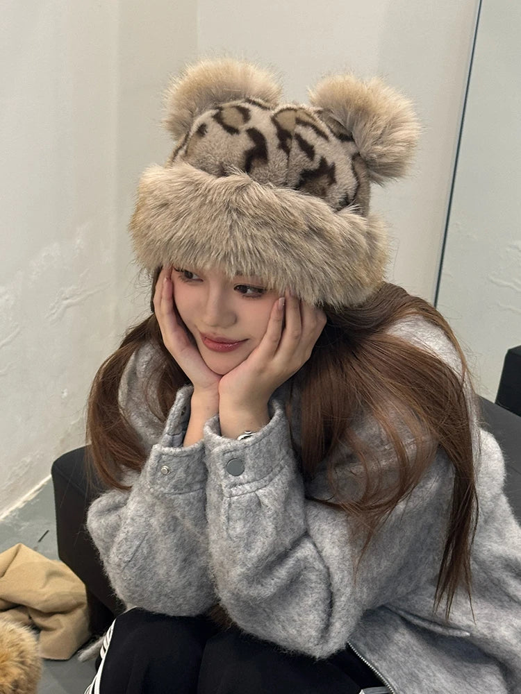 Women's Leopard Print Bear Ears Plush Hat Thick Warm Winter Cap Fashionable Earflap Bucket Hat for Ladies