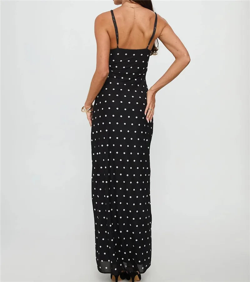 Women Long Dress Polka Dots Print V-Neck Sleeveless Cami Dress Summer Fashion Spaghetti Strap Bodycon Maxi Dress