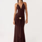 Halter Deep V Neck Sexy Maxi Dress Women Elegant Off-shoulder Sleeveless Backless Draped Ruched Slinky Club Party Dress