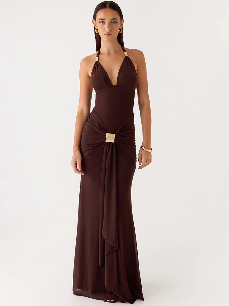 Halter Deep V Neck Sexy Maxi Dress Women Elegant Off-shoulder Sleeveless Backless Draped Ruched Slinky Club Party Dress